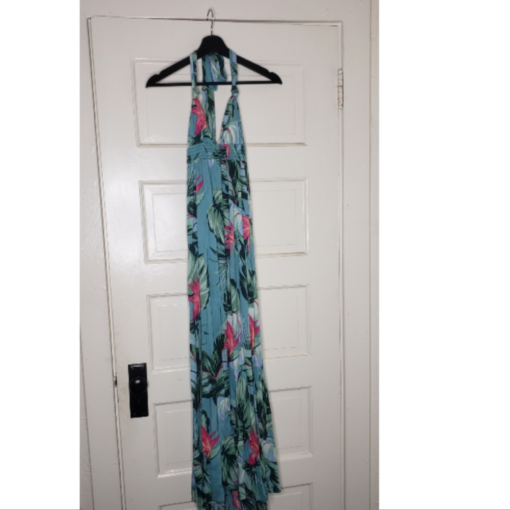Show Me Your Mumu Teal Floral Halter Maxi Dress with Pink & Green Print